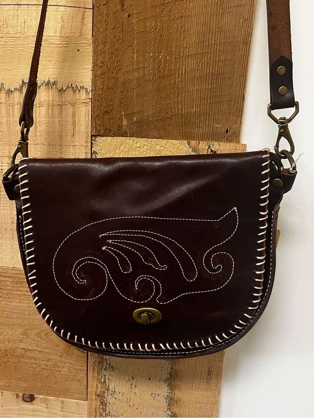 Dark Brown Full Grain Leather Crossbody Bag with White Stitching